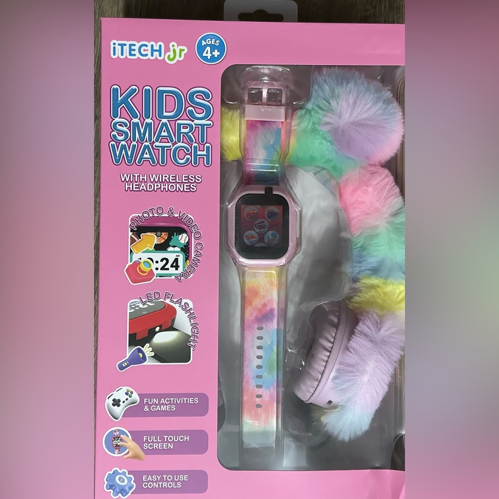 Kids Smartwatch with Bluetooth headphones Fuzzy Pom Pom Balls on ear piece